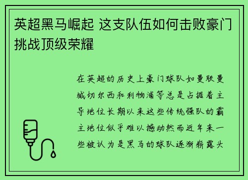 英超黑马崛起 这支队伍如何击败豪门挑战顶级荣耀 英超黑马崛起 这支队伍如何击败豪门挑战顶级荣耀